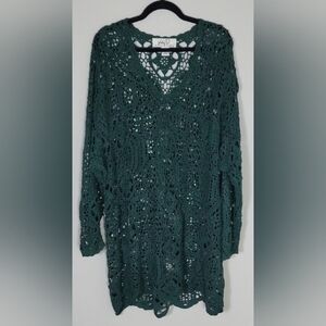 Vintage Womens Crochet Knit Tunic Sweater Top Dark Green Size L Fairy Ramie